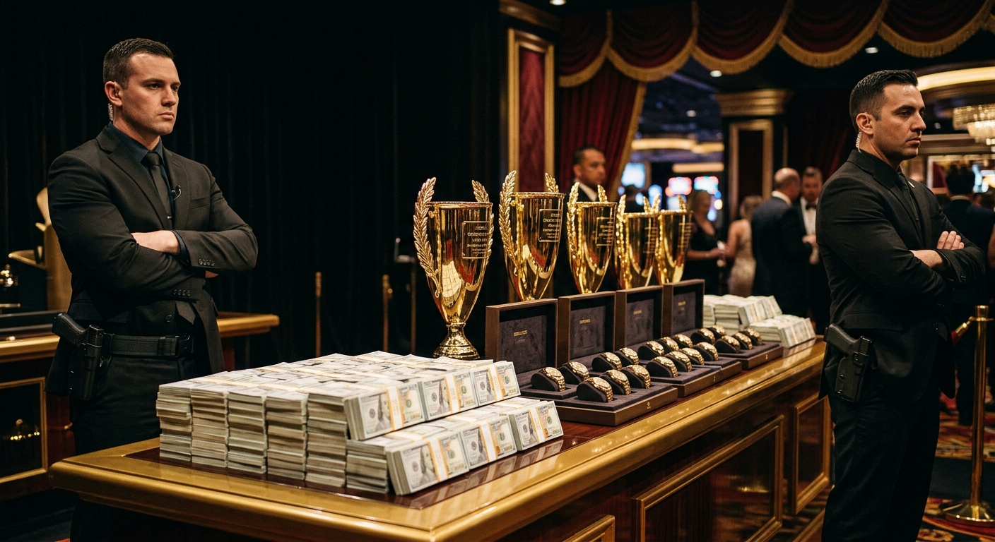 Championship purse — cash stacks, trophies, watches under armed guard