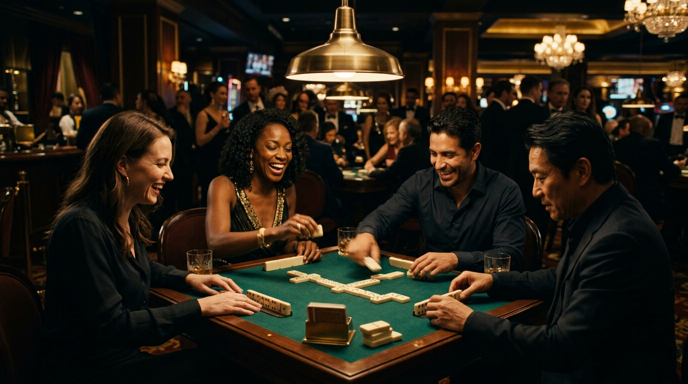 Championship dominoes table — diverse men and women in play